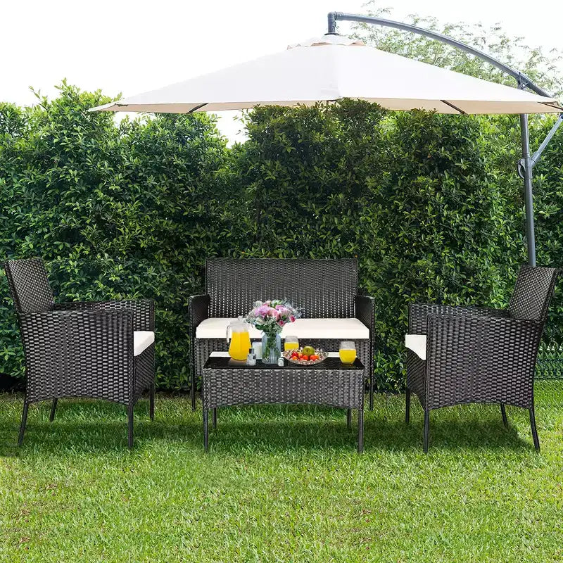 Costway Set 4 Pezzi Mobili da Giardino in Rattan Divano con Cuscini Tavolino da Caffè Giardino Turchese/Rosso/Bianco/Grigio/Blu scuro