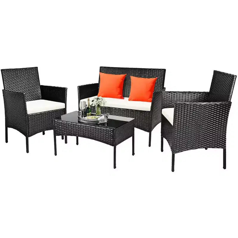 Costway Set 4 Pezzi Mobili da Giardino in Rattan Divano con Cuscini Tavolino da Caffè Giardino Turchese/Rosso/Bianco/Grigio/Blu scuro