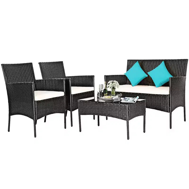 Costway Set 4 Pezzi Mobili da Giardino in Rattan Divano con Cuscini Tavolino da Caffè Giardino Turchese/Rosso/Bianco/Grigio/Blu scuro