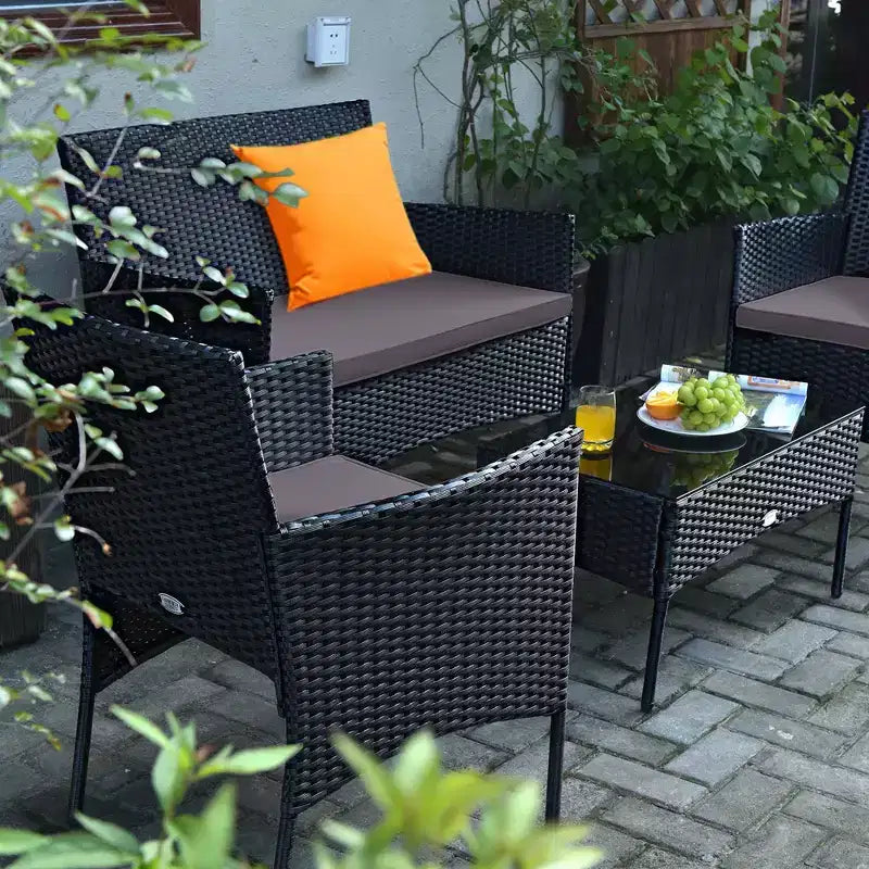 Costway Set 4 Pezzi Mobili da Giardino in Rattan Divano con Cuscini Tavolino da Caffè Giardino Turchese/Rosso/Bianco/Grigio/Blu scuro
