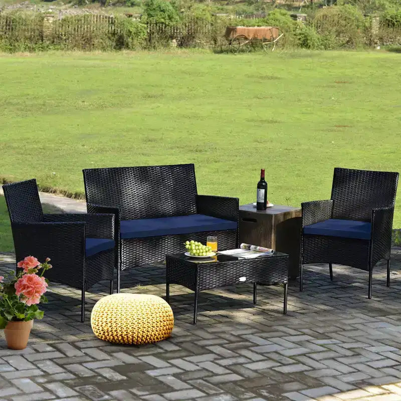 Costway Set 4 Pezzi Mobili da Giardino in Rattan Divano con Cuscini Tavolino da Caffè Giardino Turchese/Rosso/Bianco/Grigio/Blu scuro