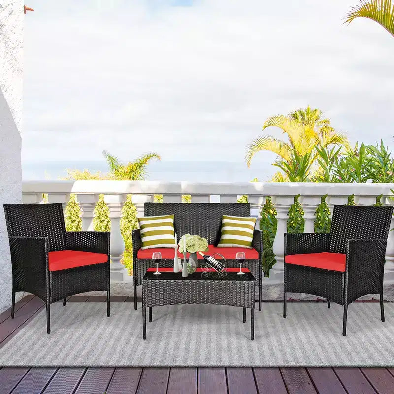 Costway Set 4 Pezzi Mobili da Giardino in Rattan Divano con Cuscini Tavolino da Caffè Giardino Turchese/Rosso/Bianco/Grigio/Blu scuro