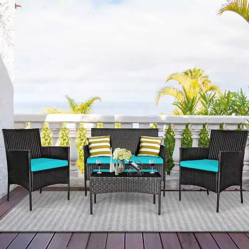Costway Set 4 Pezzi Mobili da Giardino in Rattan Divano con Cuscini Tavolino da Caffè Giardino Turchese/Rosso/Bianco/Grigio/Blu scuro