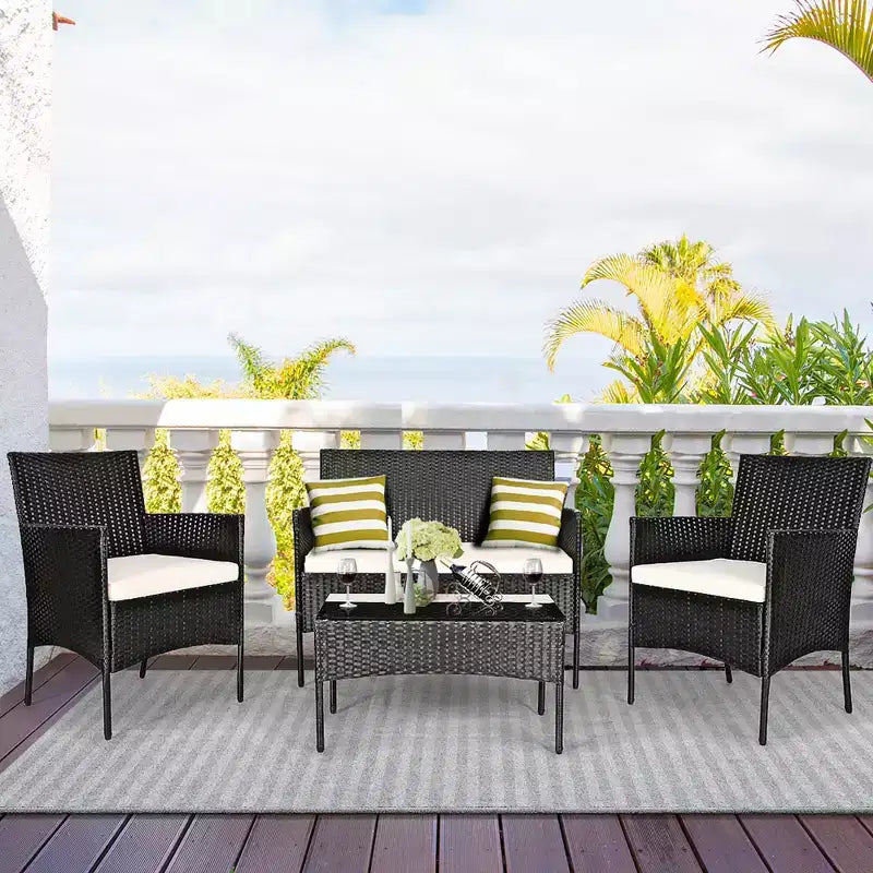 Costway Set 4 Pezzi Mobili da Giardino in Rattan Divano con Cuscini Tavolino da Caffè Giardino Turchese/Rosso/Bianco/Grigio/Blu scuro