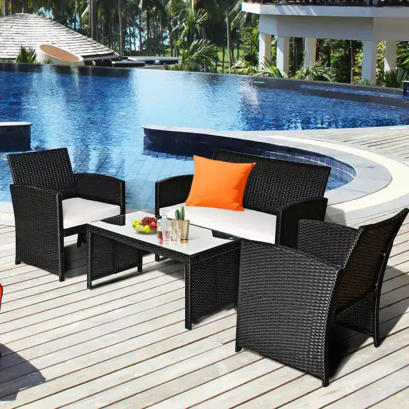 Costway Salon de Jardin 4 Pièces en Rotin avec Coussins Canapé Table