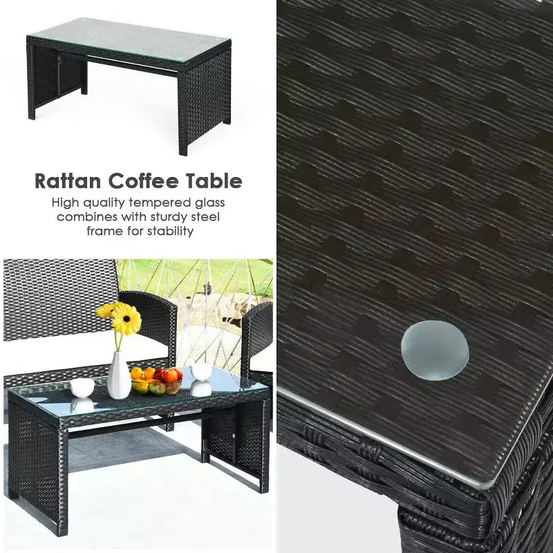 Costway Salon de Jardin 4 Pièces en Rotin avec Coussins Canapé Table