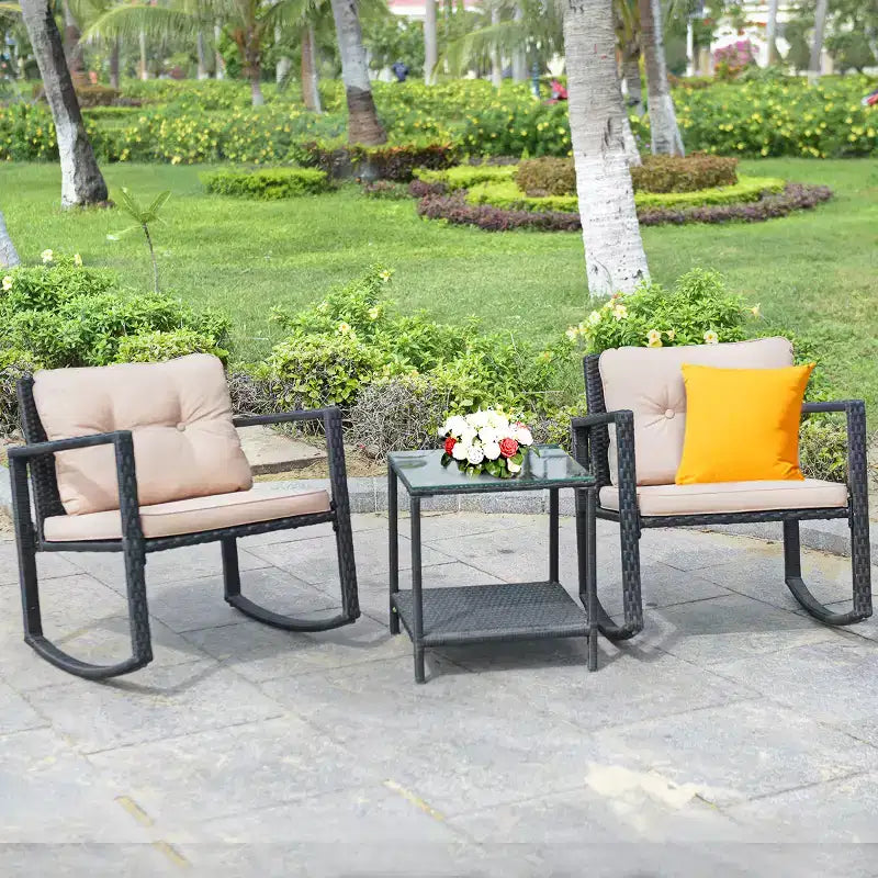 Costway Set da 3 Pezzi in Rattan per Esterni con Sedie a Dondolo Divano Imbottito Arredo Giardino