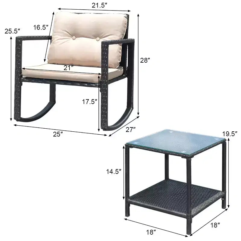 Costway Set da 3 Pezzi in Rattan per Esterni con Sedie a Dondolo Divano Imbottito Arredo Giardino