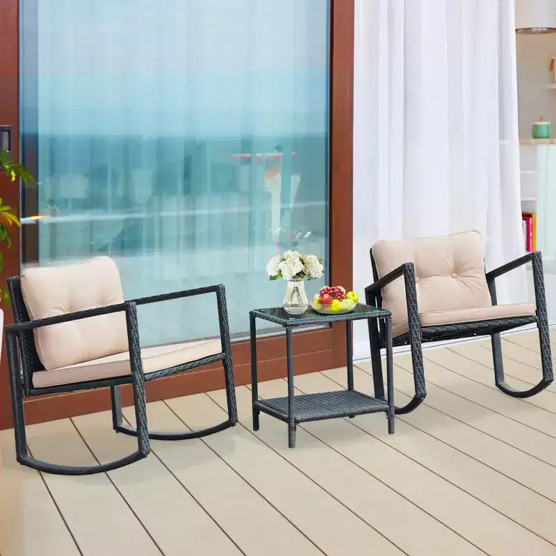 Costway Set da 3 Pezzi in Rattan per Esterni con Sedie a Dondolo Divano Imbottito Arredo Giardino