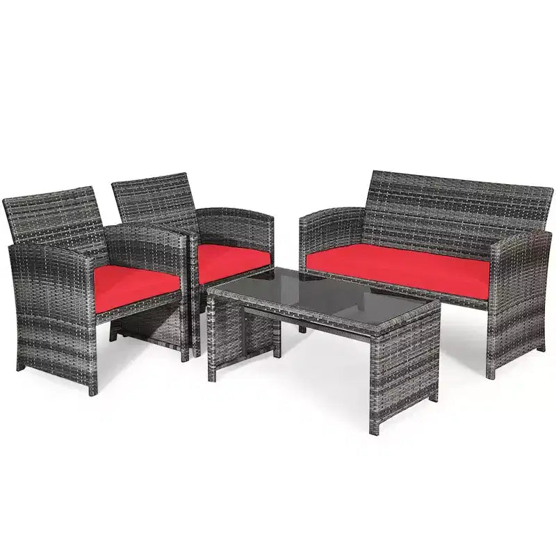 Costway Salon de Jardin 4 Pièces en Rotin, Ensemble de Conversation avec Table en Verre et Coussins Turquoise/Rouge/Gris/Beige/Marine/Noir