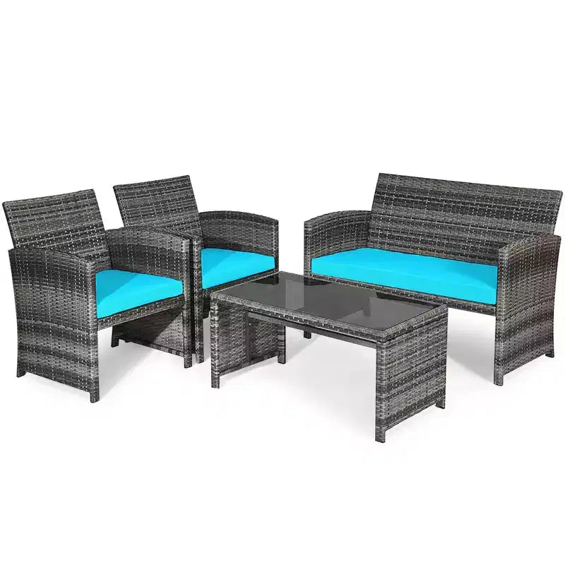 Costway Salon de Jardin 4 Pièces en Rotin, Ensemble de Conversation avec Table en Verre et Coussins Turquoise/Rouge/Gris/Beige/Marine/Noir