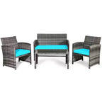 Costway Salon de Jardin 4 Pièces en Rotin, Ensemble de Conversation avec Table en Verre et Coussins Turquoise/Rouge/Gris/Beige/Marine/Noir