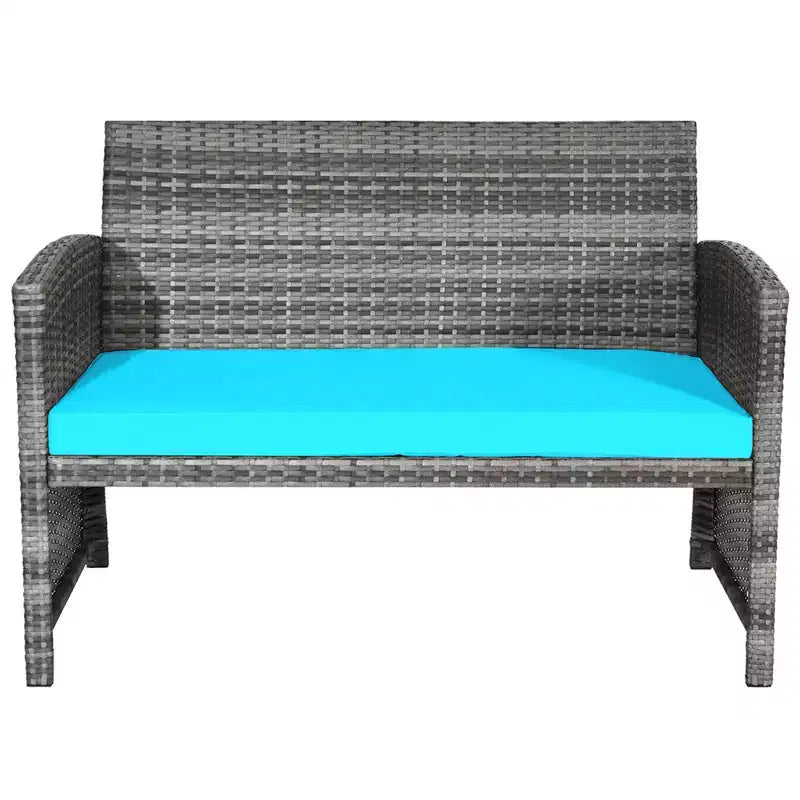 Costway Salon de Jardin 4 Pièces en Rotin, Ensemble de Conversation avec Table en Verre et Coussins Turquoise/Rouge/Gris/Beige/Marine/Noir