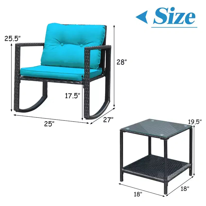 Costway Set Mobili da Giardino 3pz in Rattan, Sedie a Dondolo e Divano con Cuscini