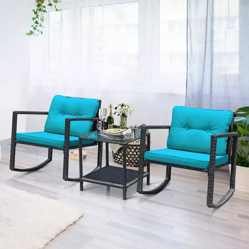 Costway Set Mobili da Giardino 3pz in Rattan, Sedie a Dondolo e Divano con Cuscini