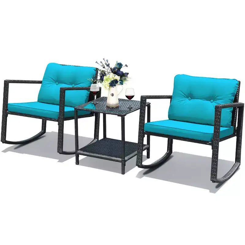 Costway Set Mobili da Giardino 3pz in Rattan, Sedie a Dondolo e Divano con Cuscini
