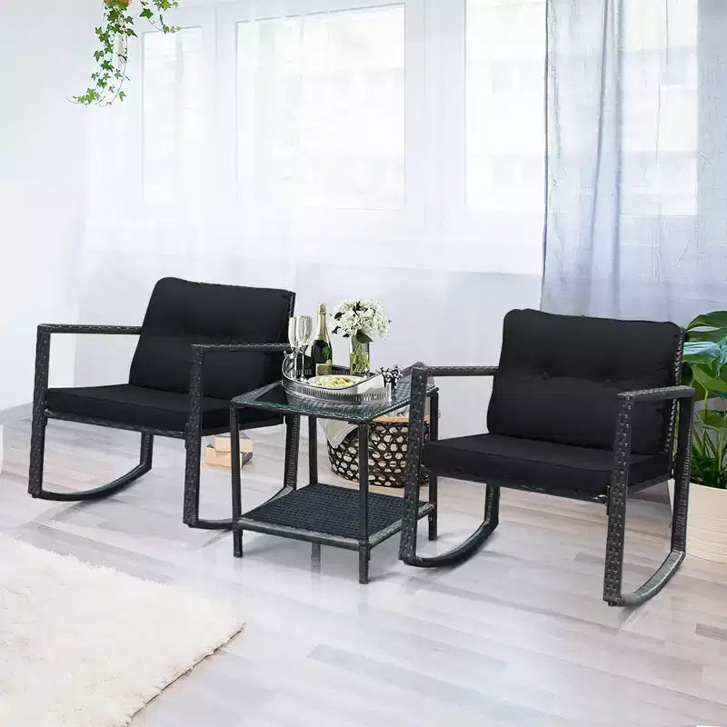 Costway Set Mobili da Giardino 3pz in Rattan, Sedie a Dondolo e Divano con Cuscini