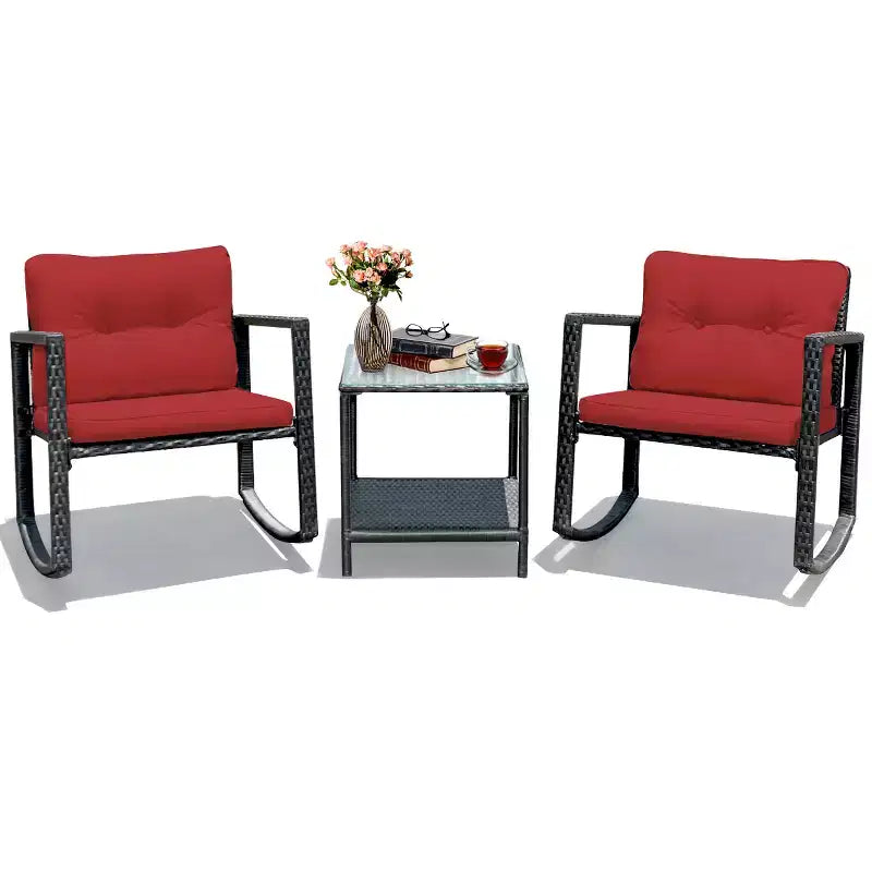 Costway Set Mobili da Giardino 3pz in Rattan, Sedie a Dondolo e Divano con Cuscini