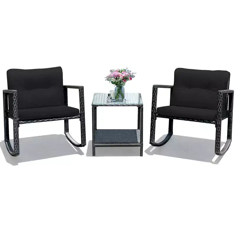 Costway Set Mobili da Giardino 3pz in Rattan, Sedie a Dondolo e Divano con Cuscini