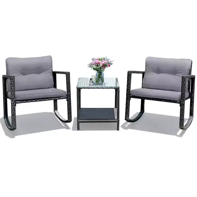 Costway Set Mobili da Giardino 3pz in Rattan, Sedie a Dondolo e Divano con Cuscini