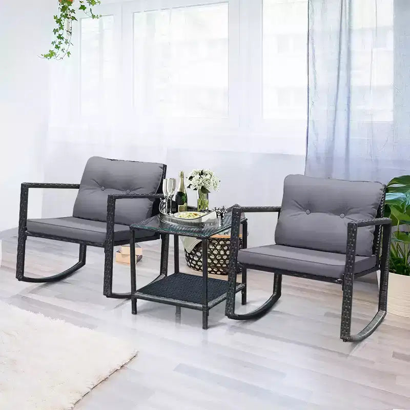 Costway Set Mobili da Giardino 3pz in Rattan, Sedie a Dondolo e Divano con Cuscini