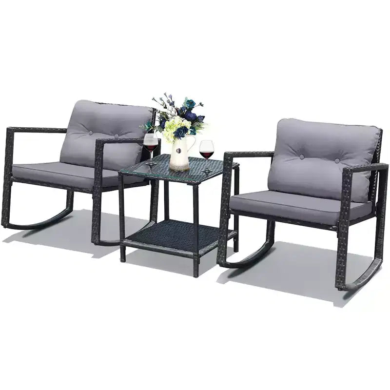 Costway Set Mobili da Giardino 3pz in Rattan, Sedie a Dondolo e Divano con Cuscini