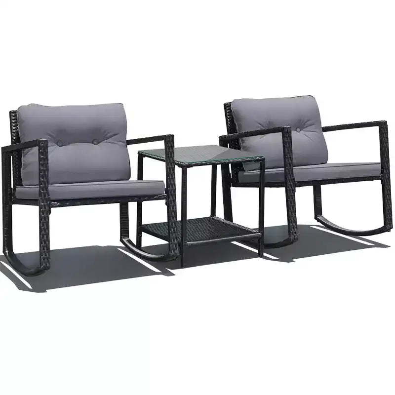 Costway Set Mobili da Giardino 3pz in Rattan, Sedie a Dondolo e Divano con Cuscini