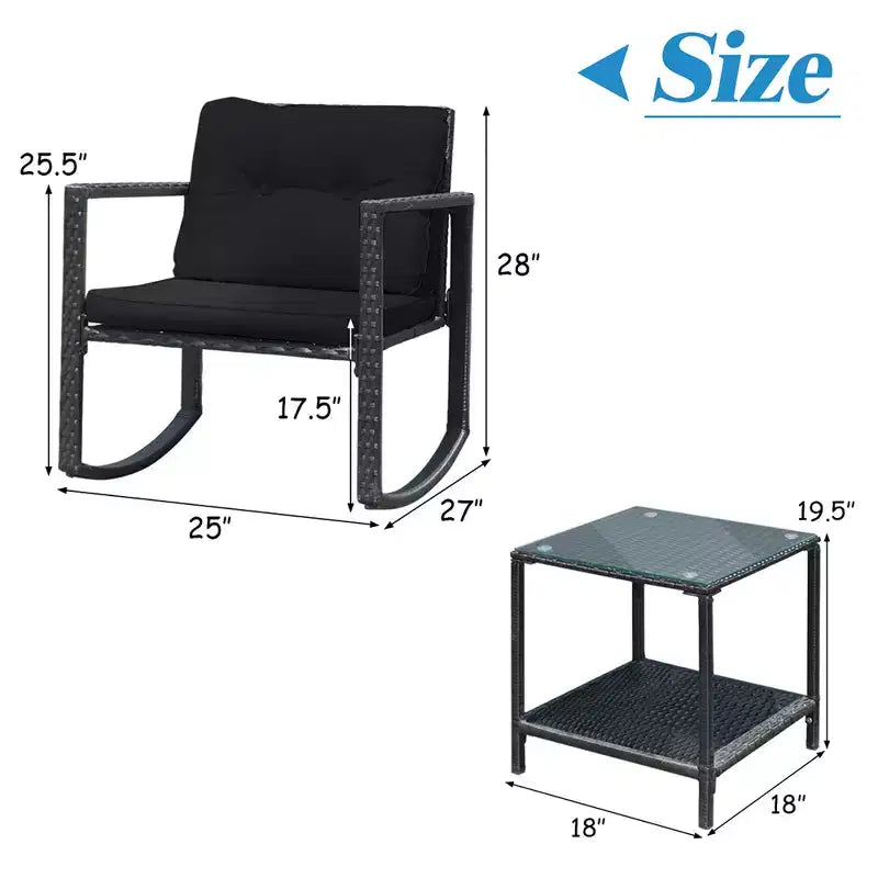 Costway Set Mobili da Giardino 3pz in Rattan, Sedie a Dondolo e Divano con Cuscini