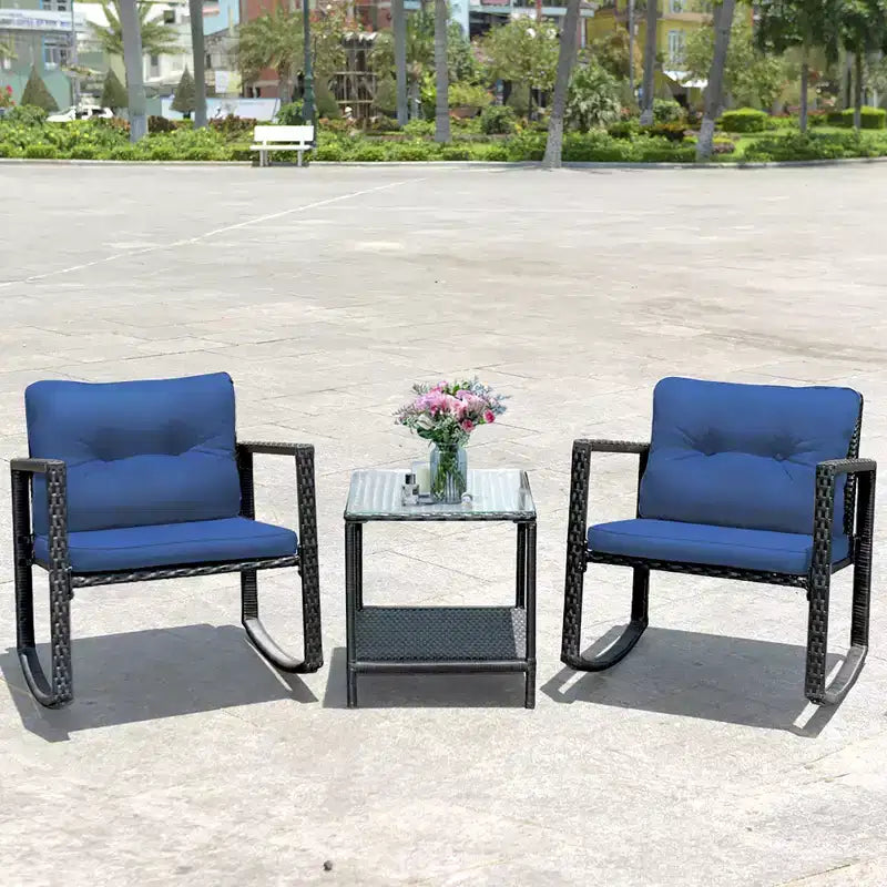 Costway Set Mobili da Giardino 3pz in Rattan, Sedie a Dondolo e Divano con Cuscini
