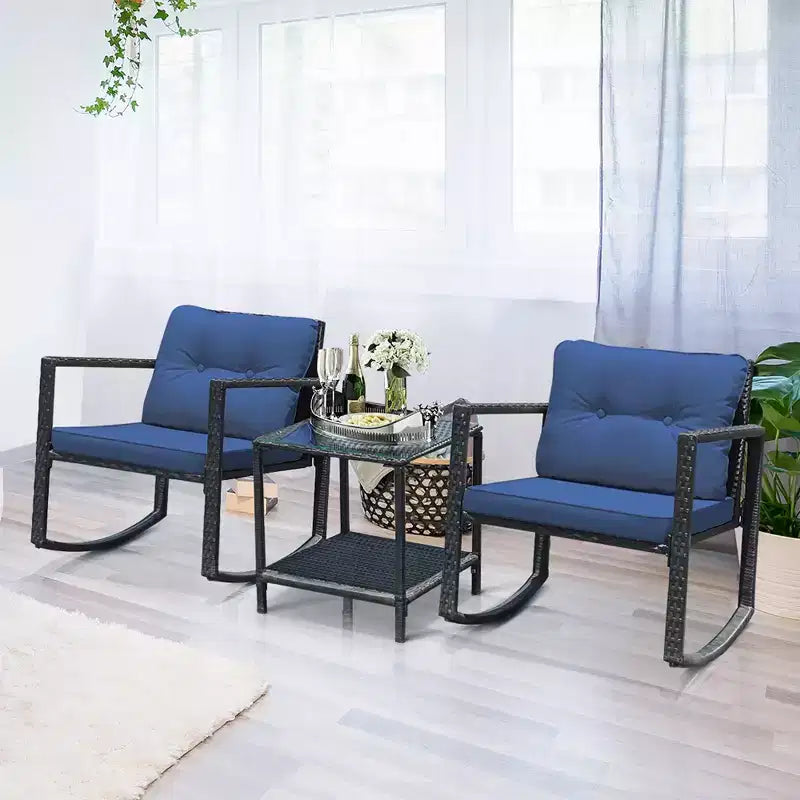 Costway Set Mobili da Giardino 3pz in Rattan, Sedie a Dondolo e Divano con Cuscini