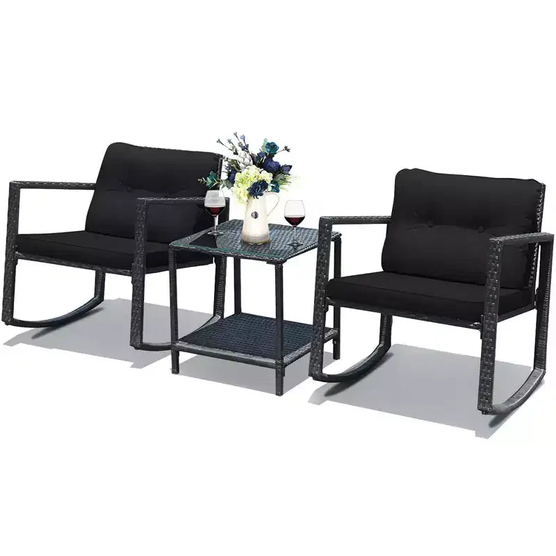 Costway Set Mobili da Giardino 3pz in Rattan, Sedie a Dondolo e Divano con Cuscini