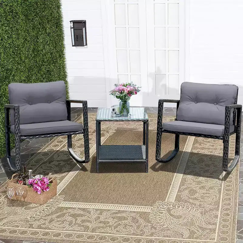 Ensemble de 3 meubles de patio en rotin Costway, fauteuils à bascule, canapé rembourré