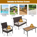 Set mobili da giardino in rattan Costway 4 pezzi, set da conversazione per esterni con tavolino da caffè e cuscini