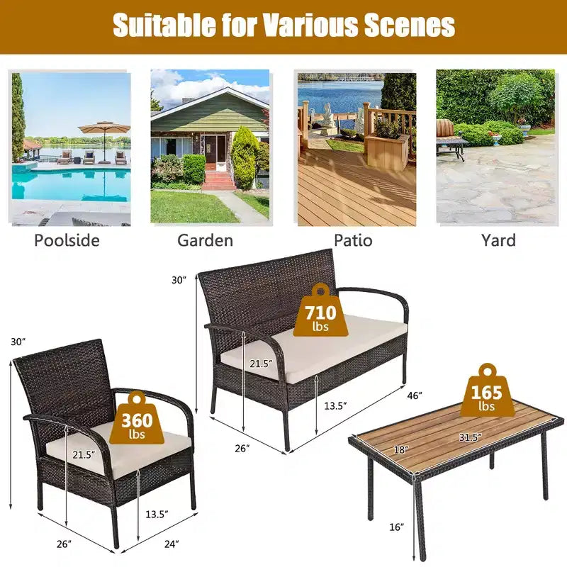Set mobili da giardino in rattan Costway 4 pezzi, set da conversazione per esterni con tavolino da caffè e cuscini