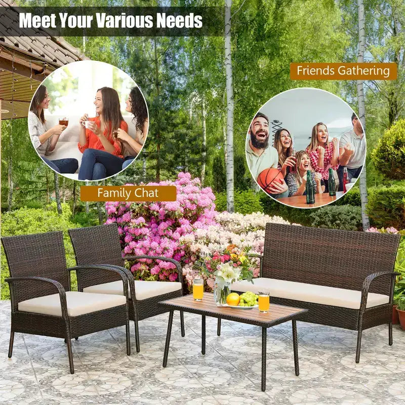 Set mobili da giardino in rattan Costway 4 pezzi, set da conversazione per esterni con tavolino da caffè e cuscini