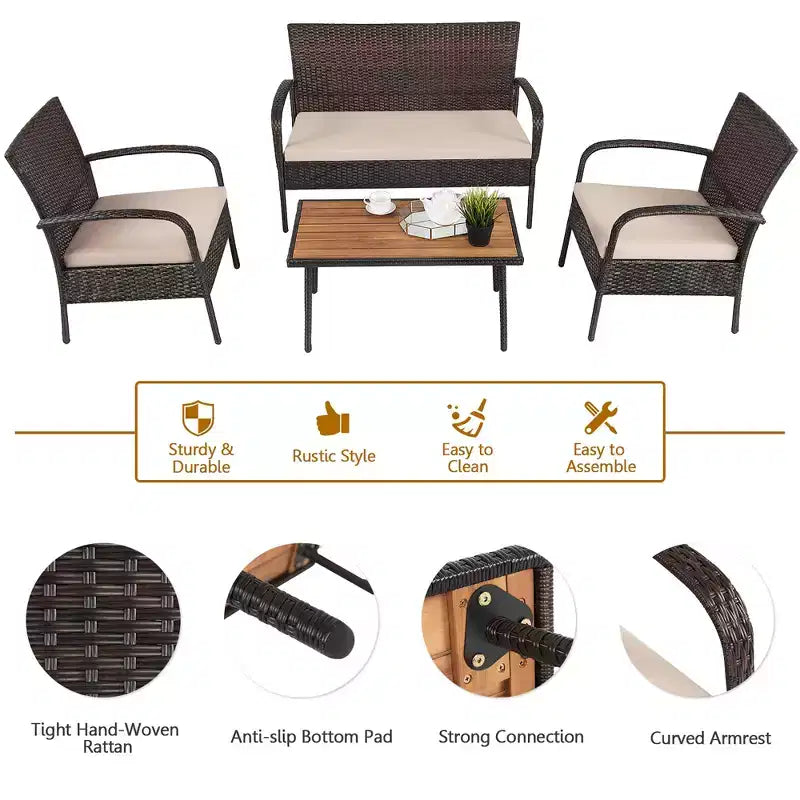 Set mobili da giardino in rattan Costway 4 pezzi, set da conversazione per esterni con tavolino da caffè e cuscini