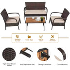 Set mobili da giardino in rattan Costway 4 pezzi, set da conversazione per esterni con tavolino da caffè e cuscini