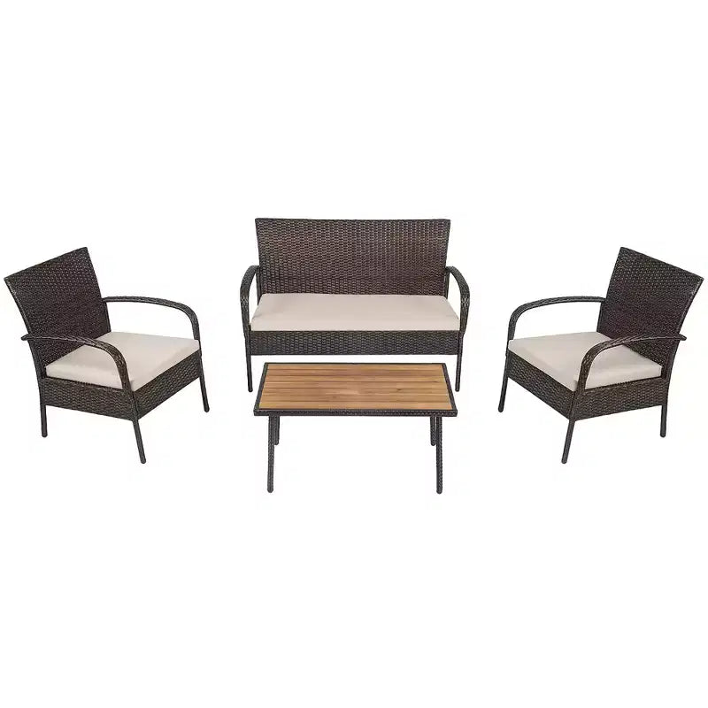 Set mobili da giardino in rattan Costway 4 pezzi, set da conversazione per esterni con tavolino da caffè e cuscini
