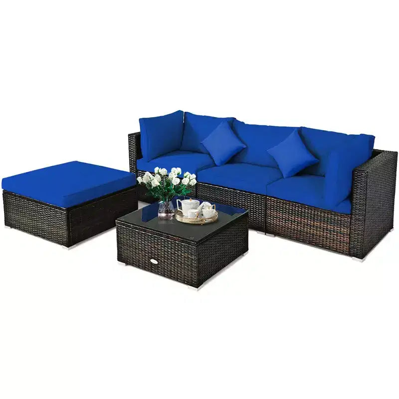 Costway Set 5 Pezzi Mobili da Esterno in Rattan per Patio, Divano Sezionale da Conversazione, Cuscino Turchese/Blu Marino/Nero