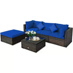 Costway Set 5 Pezzi Mobili da Esterno in Rattan per Patio, Divano Sezionale da Conversazione, Cuscino Turchese/Blu Marino/Nero