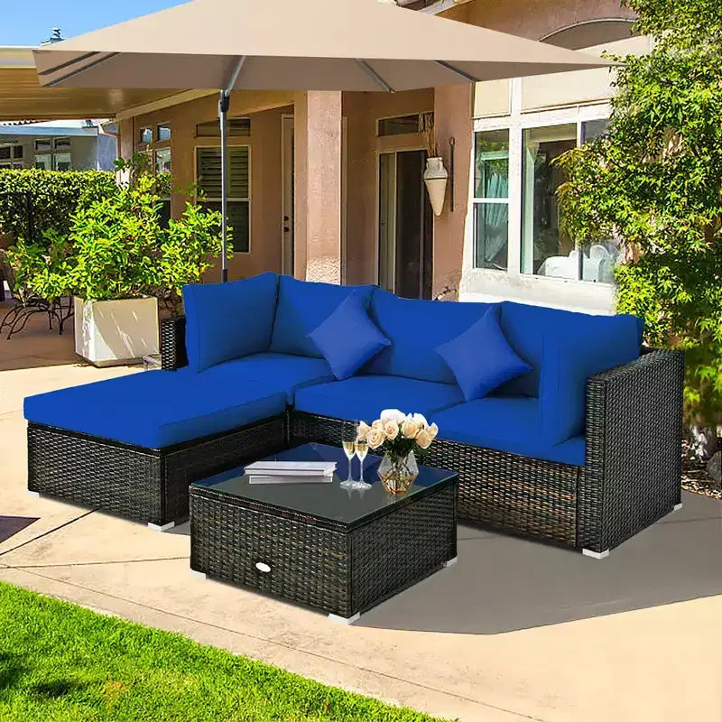Costway Set 5 Pezzi Mobili da Esterno in Rattan per Patio, Divano Sezionale da Conversazione, Cuscino Turchese/Blu Marino/Nero