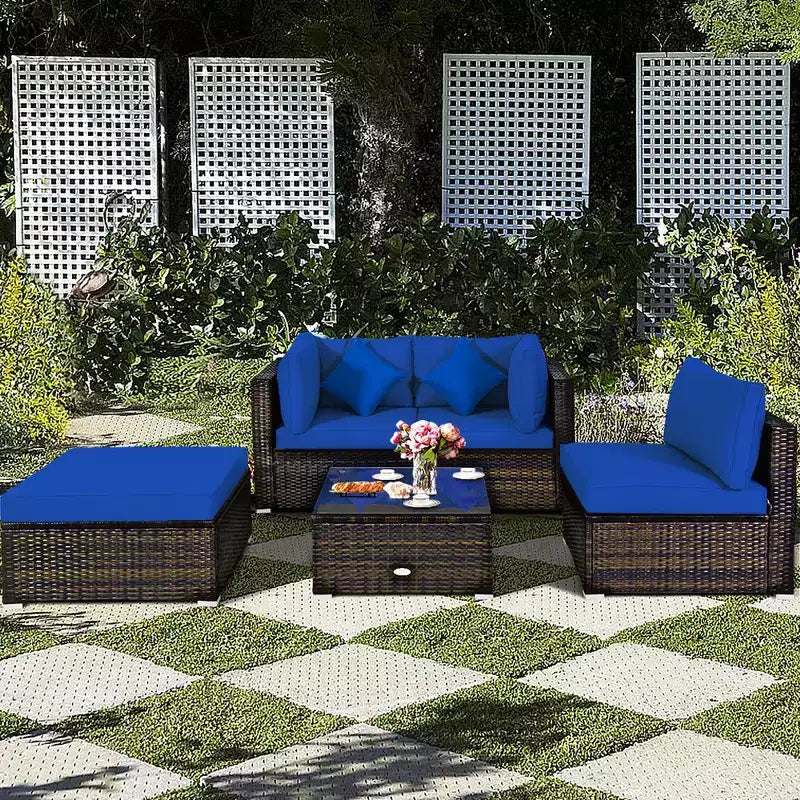 Costway Set 5 Pezzi Mobili da Esterno in Rattan per Patio, Divano Sezionale da Conversazione, Cuscino Turchese/Blu Marino/Nero