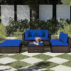 Costway Set 5 Pezzi Mobili da Esterno in Rattan per Patio, Divano Sezionale da Conversazione, Cuscino Turchese/Blu Marino/Nero