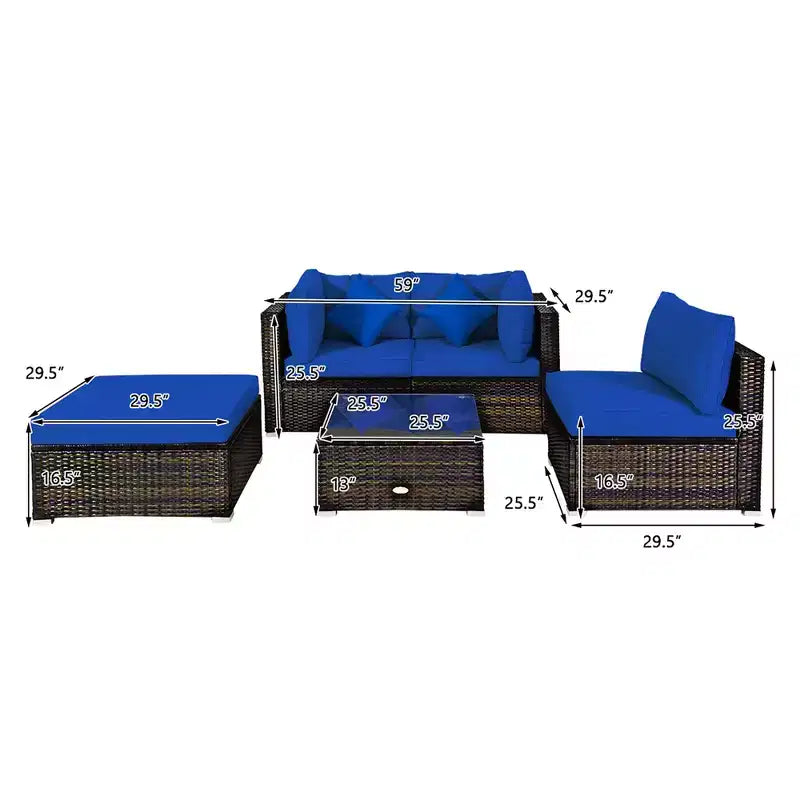 Costway Set 5 Pezzi Mobili da Esterno in Rattan per Patio, Divano Sezionale da Conversazione, Cuscino Turchese/Blu Marino/Nero