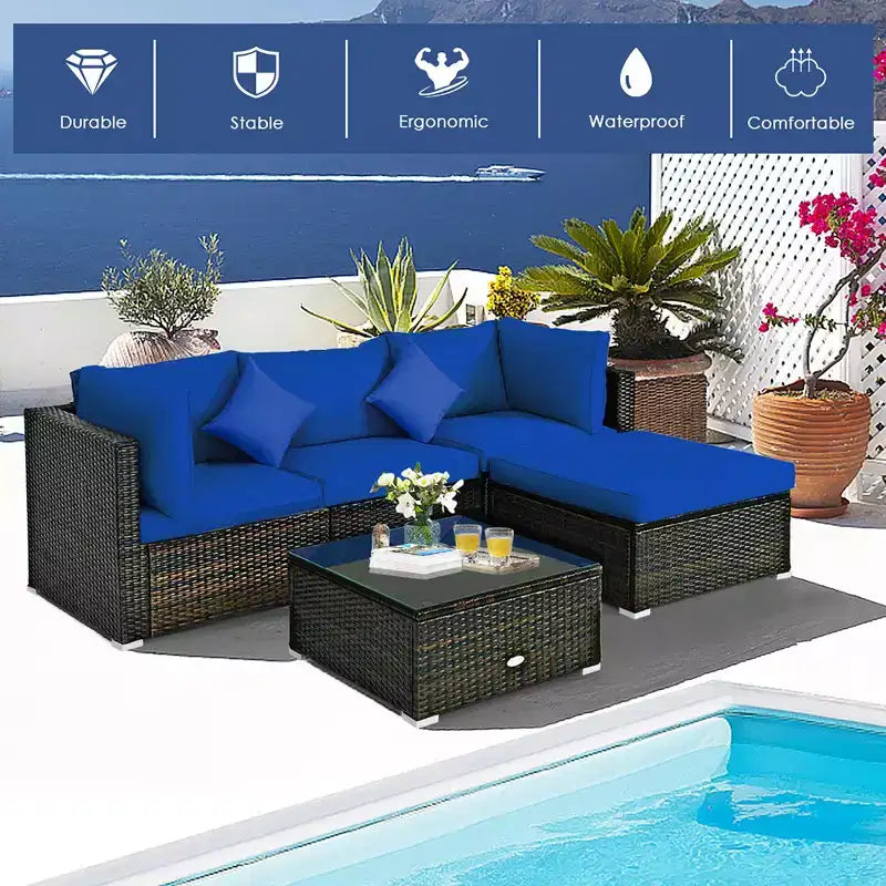 Costway Set 5 Pezzi Mobili da Esterno in Rattan per Patio, Divano Sezionale da Conversazione, Cuscino Turchese/Blu Marino/Nero