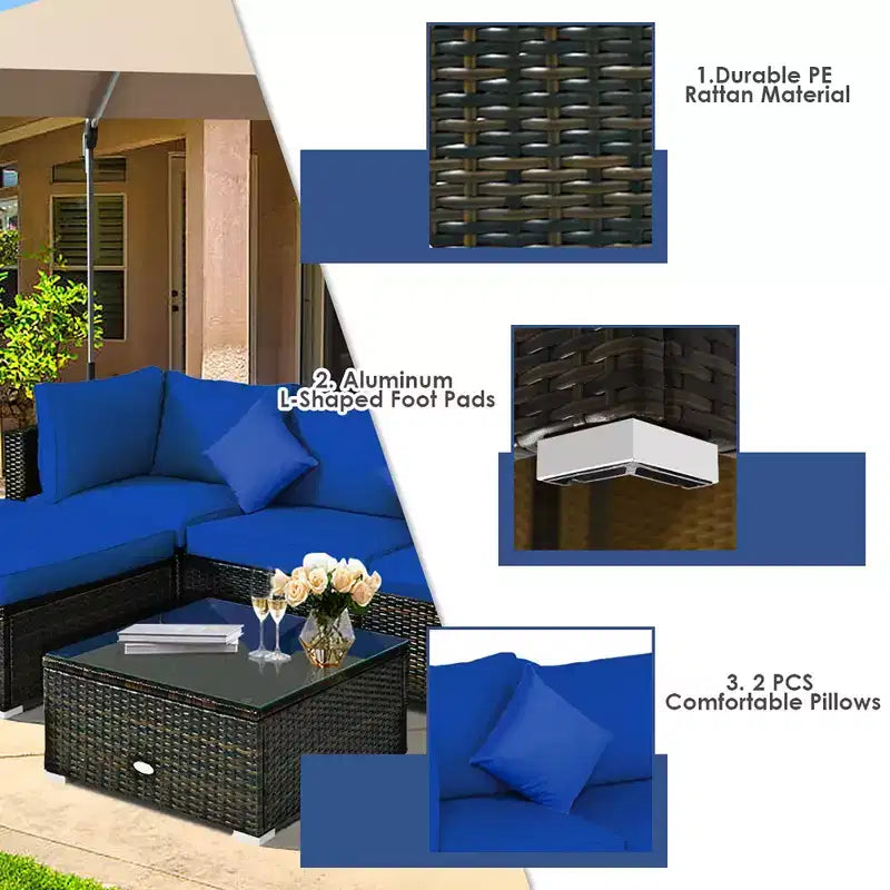Costway Set 5 Pezzi Mobili da Esterno in Rattan per Patio, Divano Sezionale da Conversazione, Cuscino Turchese/Blu Marino/Nero