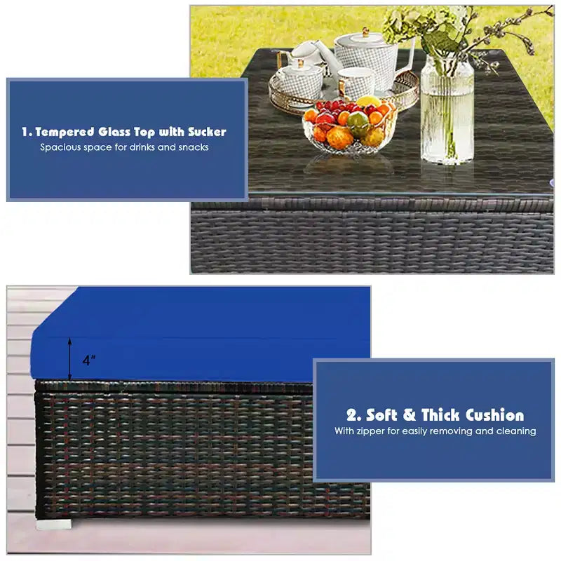 Costway Set 5 Pezzi Mobili da Esterno in Rattan per Patio, Divano Sezionale da Conversazione, Cuscino Turchese/Blu Marino/Nero