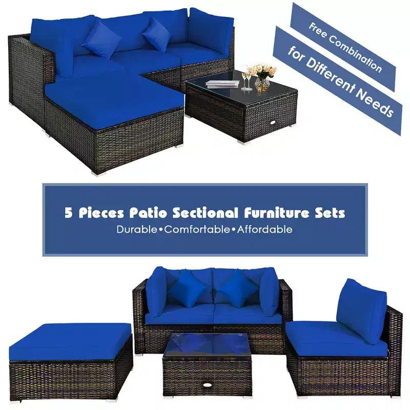 Costway Set 5 Pezzi Mobili da Esterno in Rattan per Patio, Divano Sezionale da Conversazione, Cuscino Turchese/Blu Marino/Nero