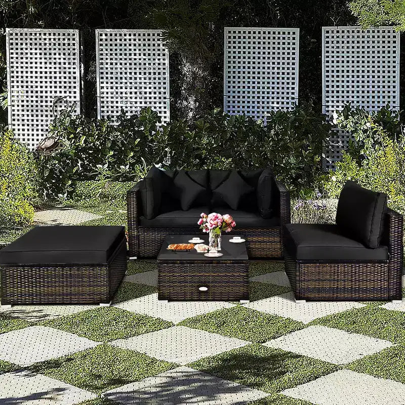 Costway Set 5 Pezzi Mobili da Esterno in Rattan per Patio, Divano Sezionale da Conversazione, Cuscino Turchese/Blu Marino/Nero