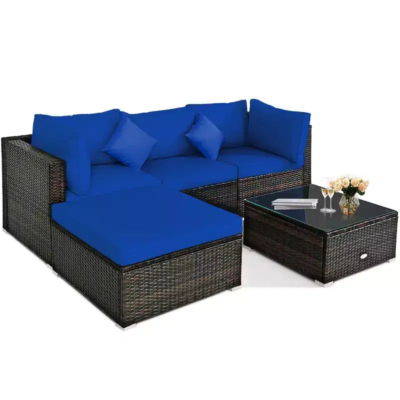 Costway Set 5 Pezzi Mobili da Esterno in Rattan per Patio, Divano Sezionale da Conversazione, Cuscino Turchese/Blu Marino/Nero